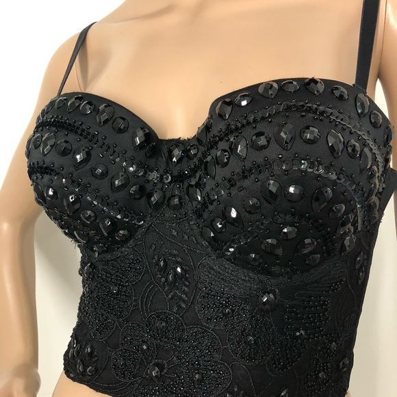 Asos beaded lace black bra corset adjustable back stretch M - Picture 4 of 8